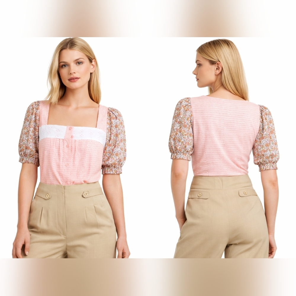 Nwt H by HALSTON Poplin Blouse Tulip Floral Ditsy Print Eyelet Square Neck